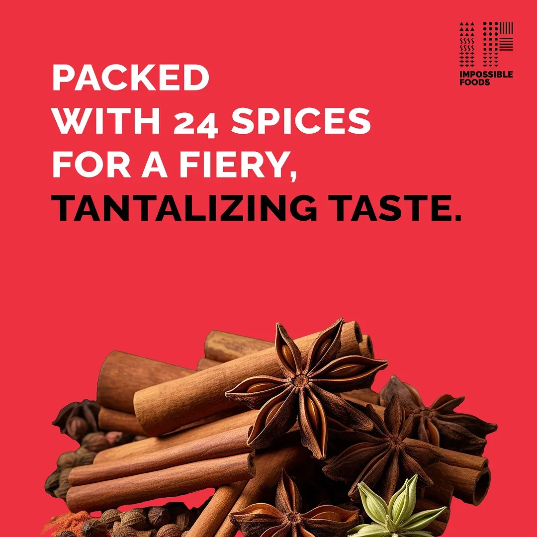 Impossible Foods ad: packed with 24 spices for a fiery taste
