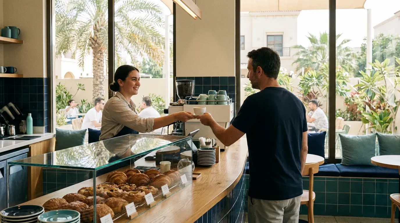 Illustrative image: a barista hands a coffee to a customer at the counter of a bright neighbourhood café