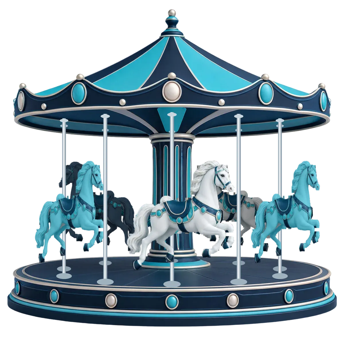 Illustration of a navy and turquoise merry-go-round with white, navy and turquoise horses