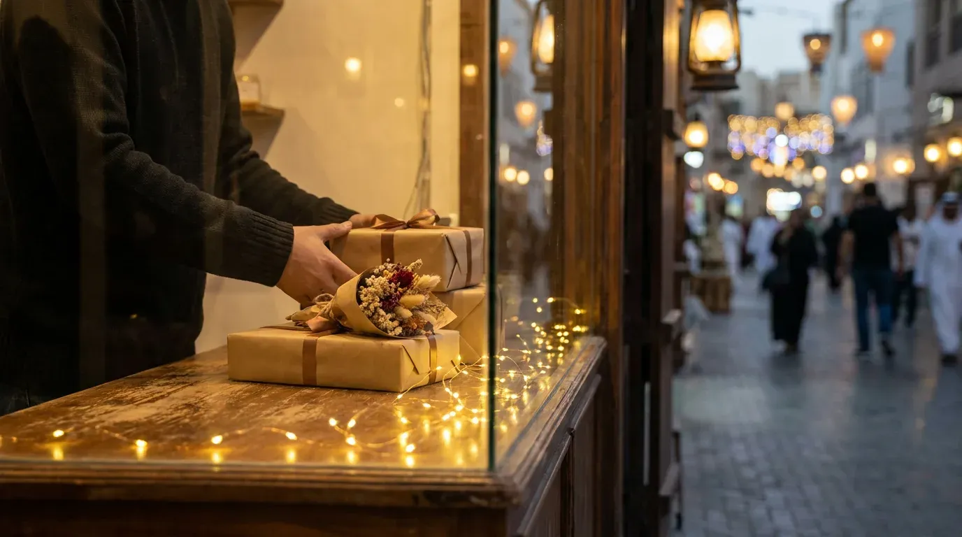 Illustrative image: a shopkeeper’s hands arrange wrapped gift boxes and dried flowers on a wooden shop counter with fairy lights, beside a window onto a blurred, lantern-lit street at dusk