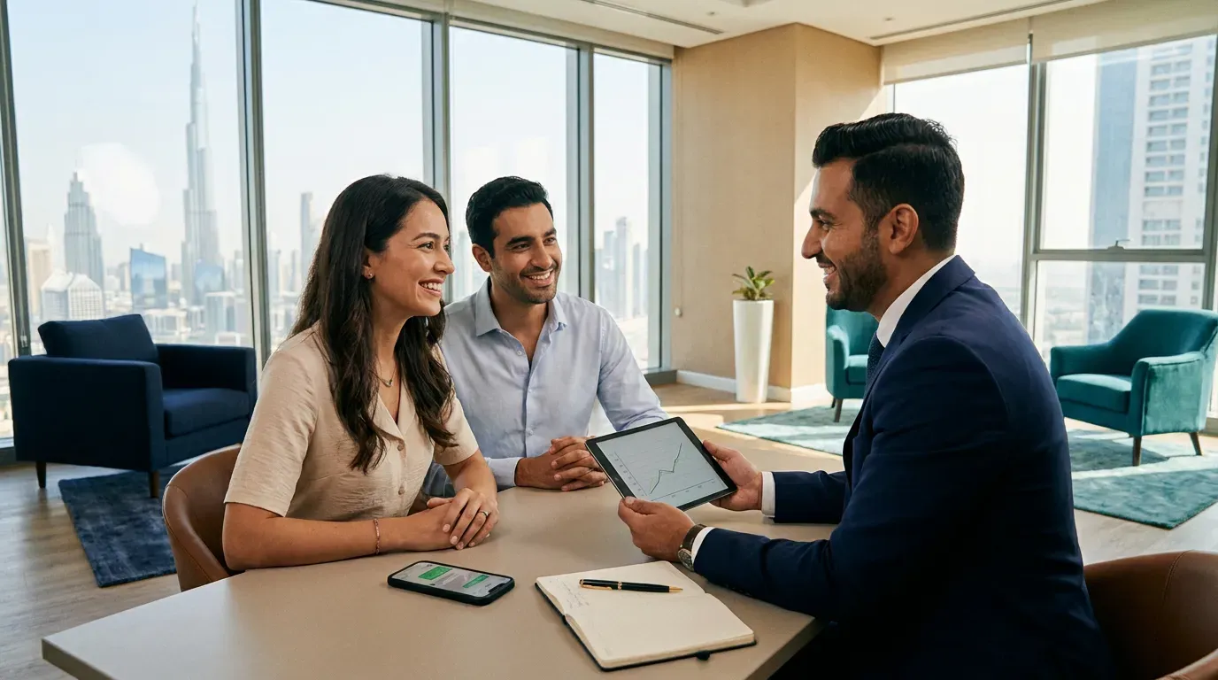 Illustrative image: a financial adviser reviews a plan on a tablet with a couple in a Dubai office