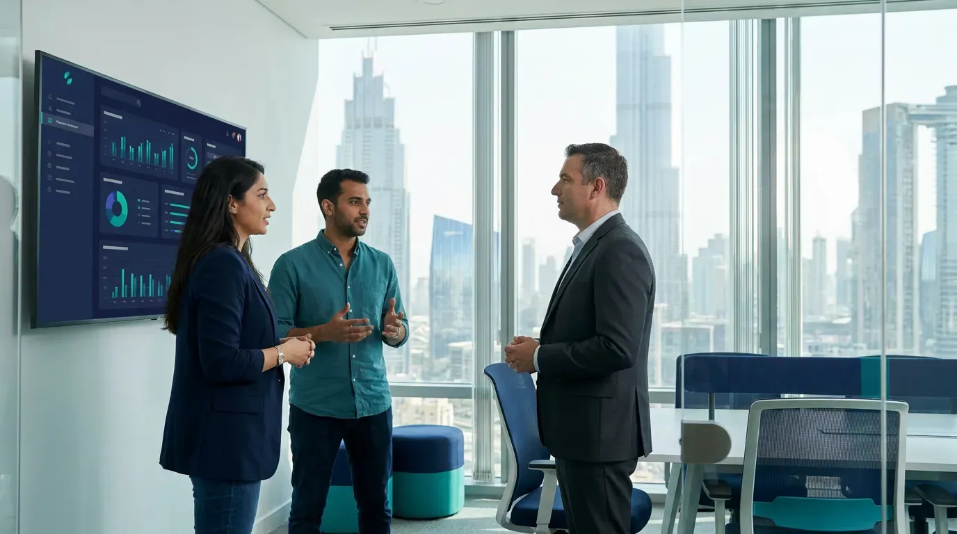Illustrative image: a fintech team walks a client through a product dashboard in a glass meeting room overlooking Dubai's towers
