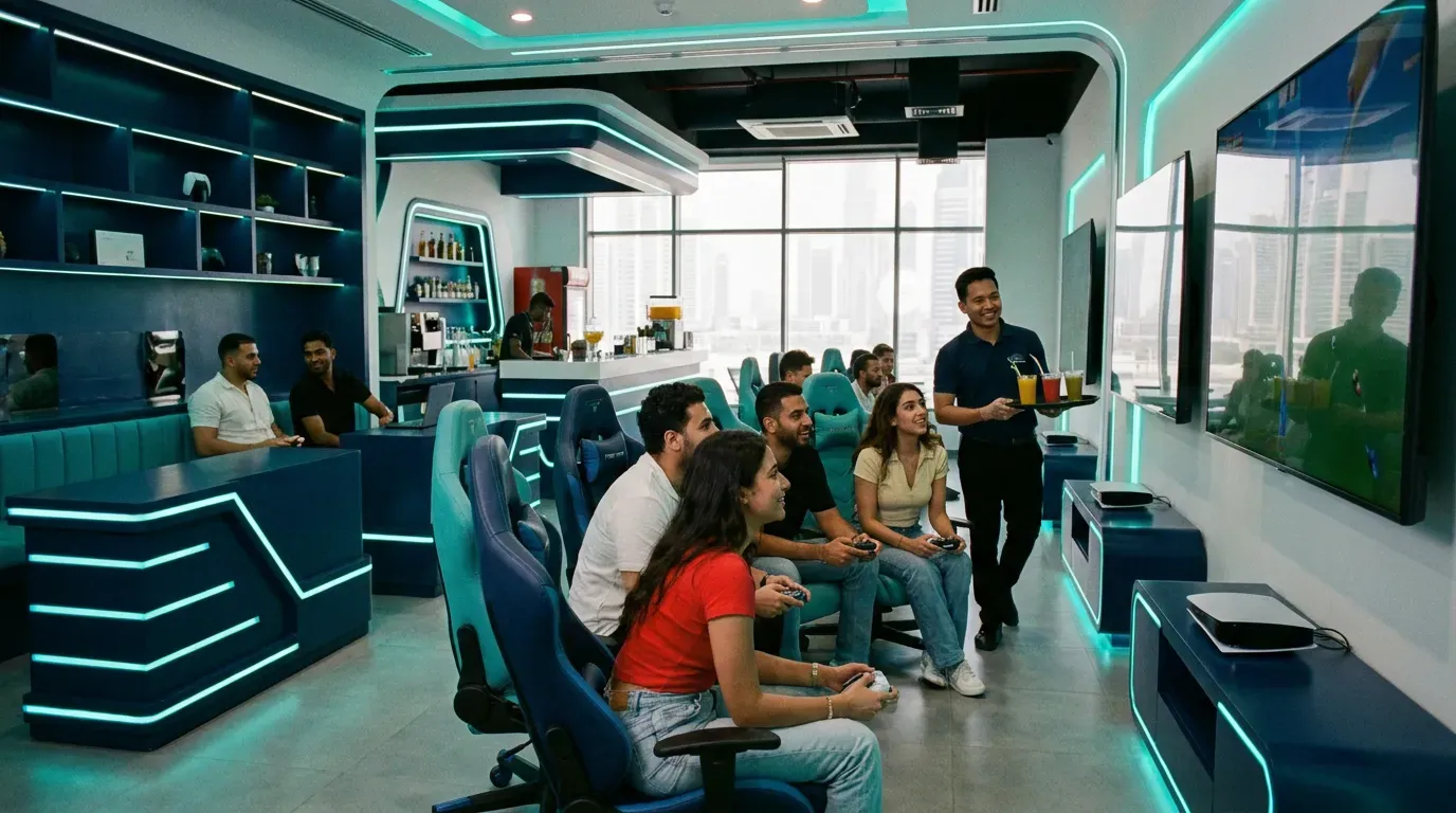 Illustrative image: friends play console games in a modern gaming lounge with teal lighting while a staff member brings drinks