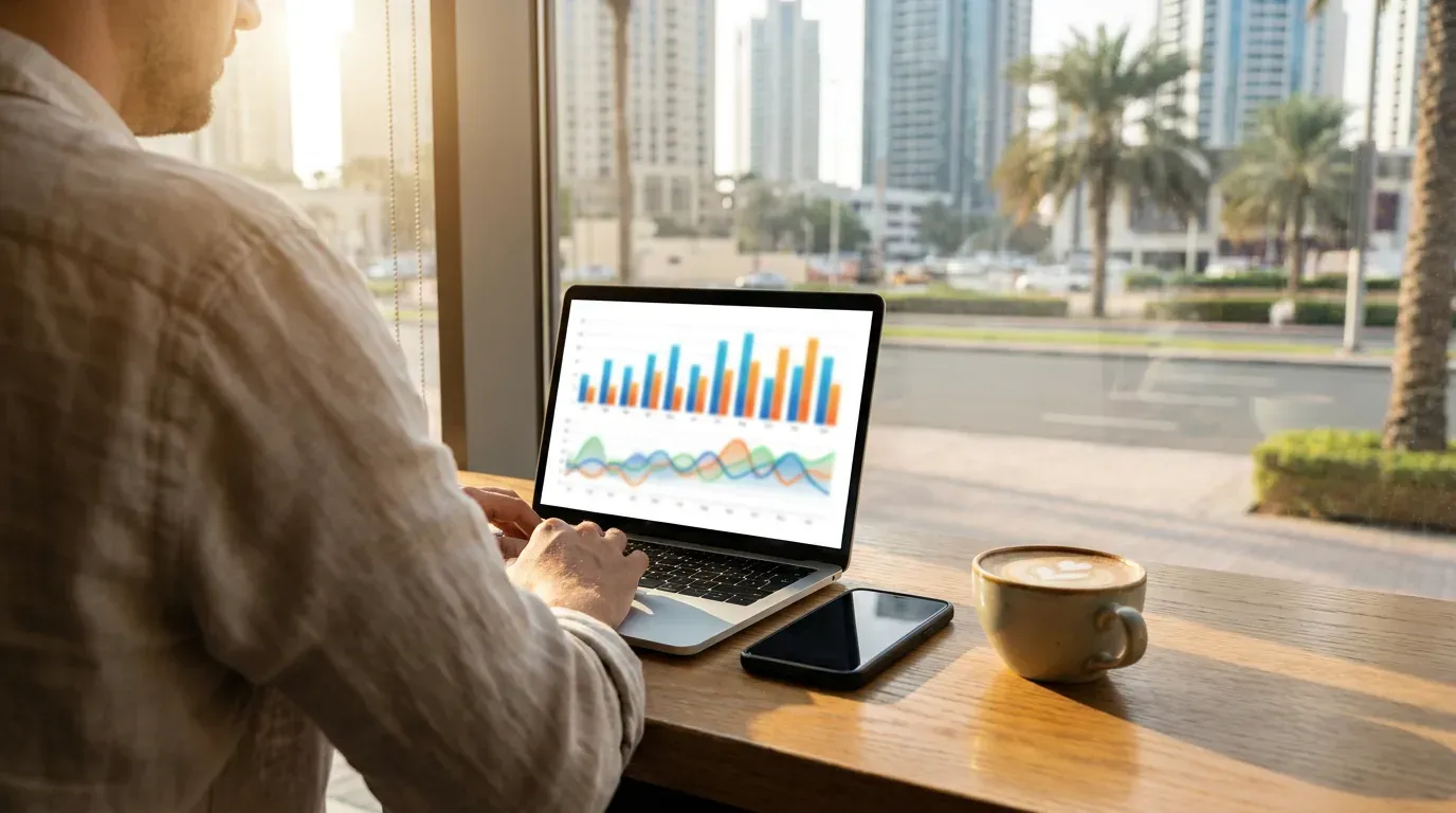 Illustrative image: a business owner, seen from behind, reviews an analytics dashboard of coloured bar and line charts on a laptop at a café table, with towers and palm trees outside the window