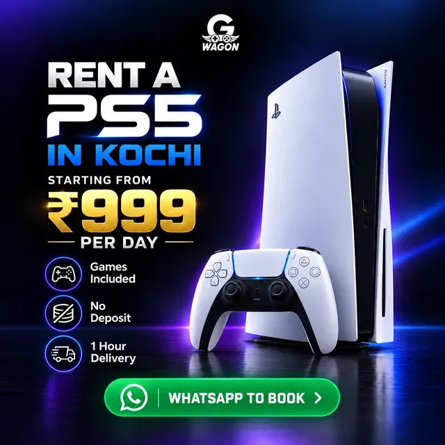 Game Wagon city ad: rent a PS5 in Kochi from ₹999 a day, WhatsApp to book