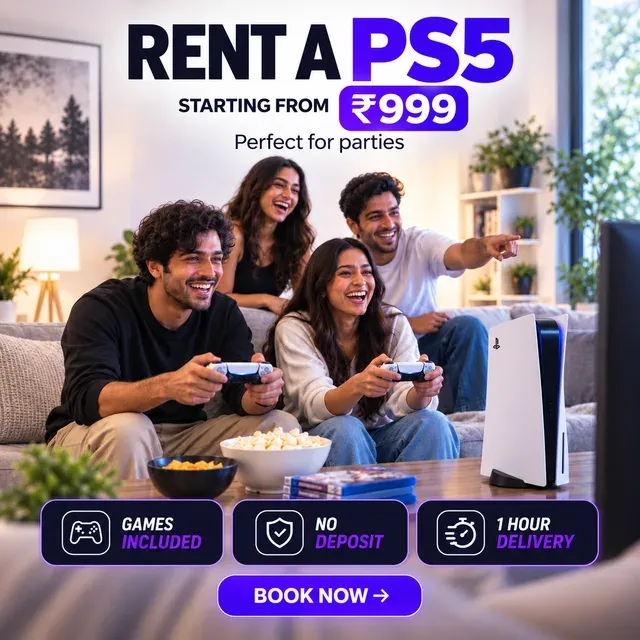Game Wagon Meta ad: friends playing PS5 at a party, rent from ₹999