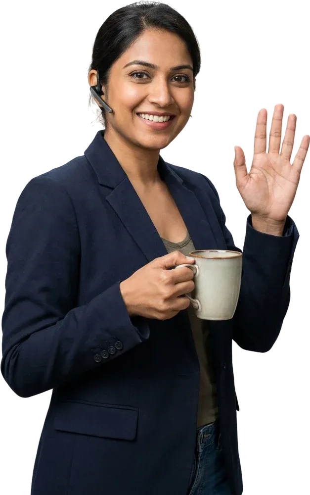 Illustration: a smiling person waving hello on a video call