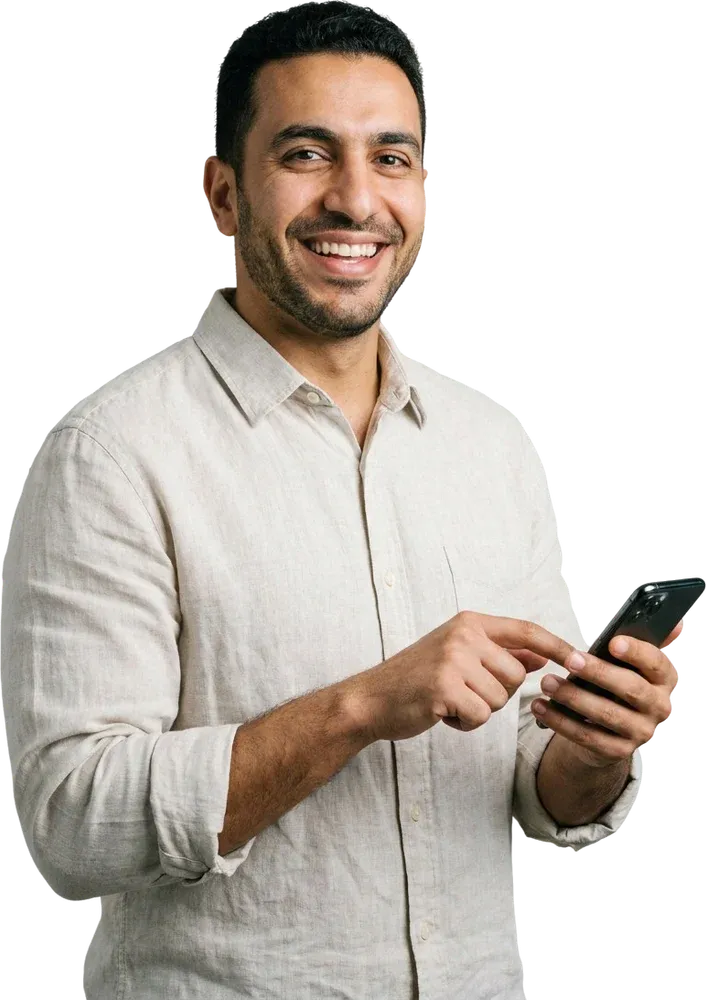 Illustration: a man smiling as he replies to a message on his phone