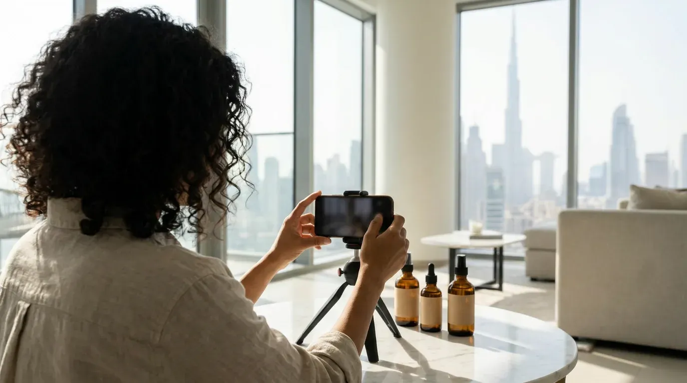 Illustrative image: a content creator, seen from behind, films a product video of three amber dropper bottles on a phone tripod in a bright apartment overlooking the Dubai skyline