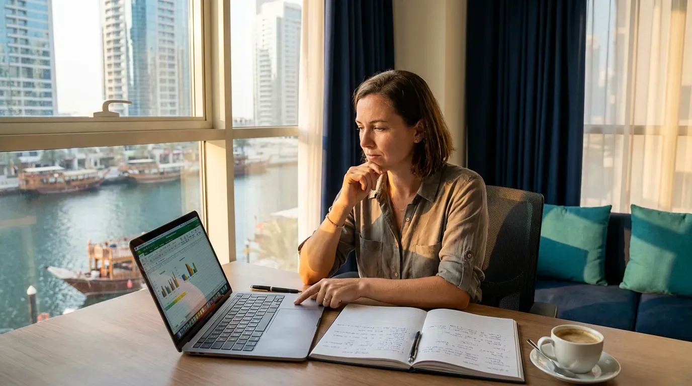 Illustrative image: a business owner plans a monthly marketing budget on a laptop and notebook in an office overlooking Dubai