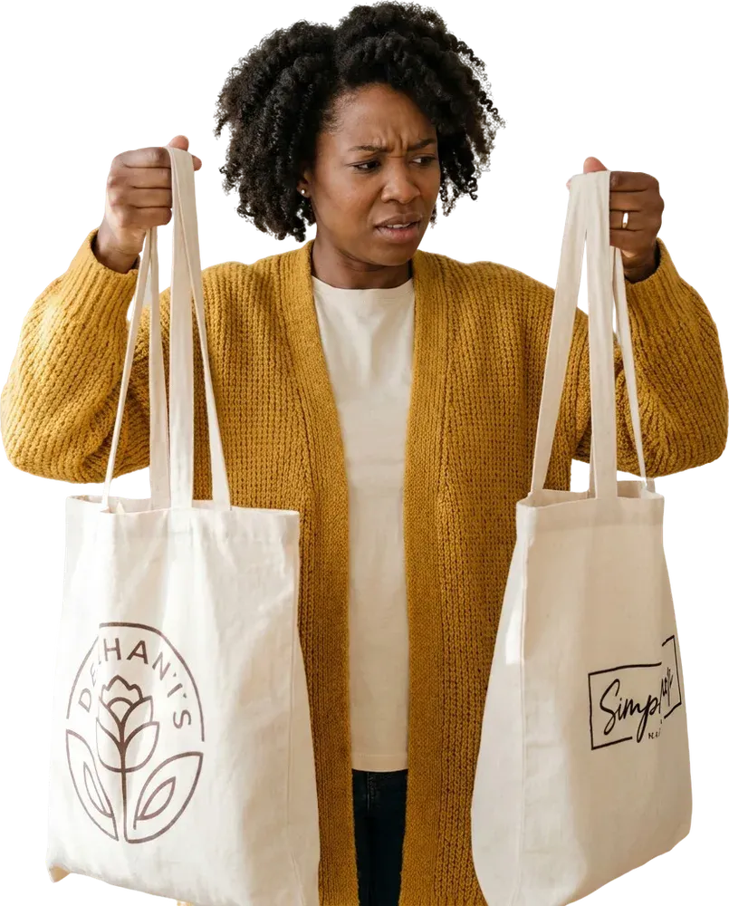 Illustration: a boutique owner holding up two shopping bags with mismatched logos