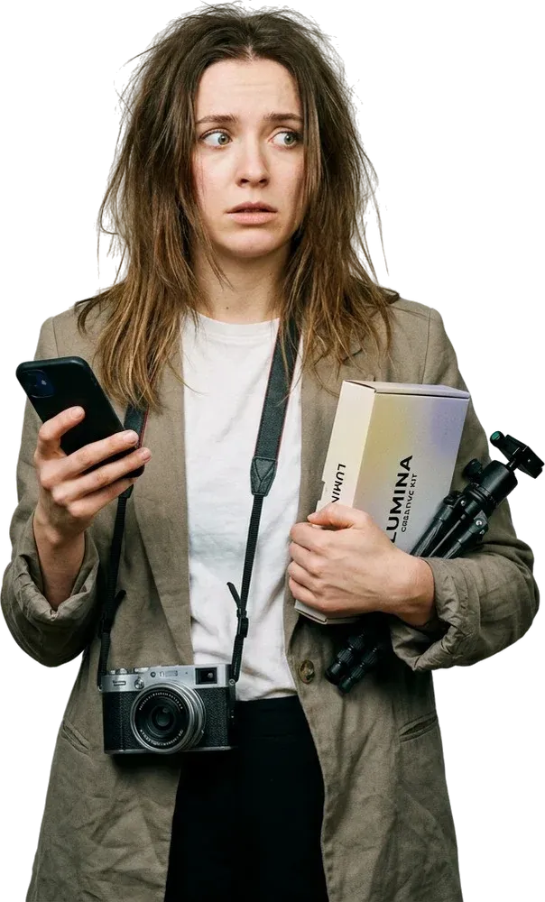 Illustration: a stressed entrepreneur juggling a camera, a phone and a tripod