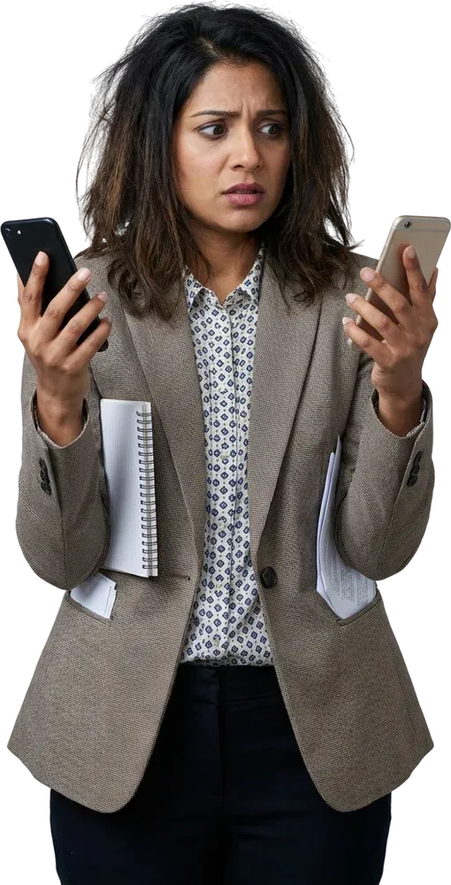 Illustration: an overloaded manager holding two phones as messages pile up