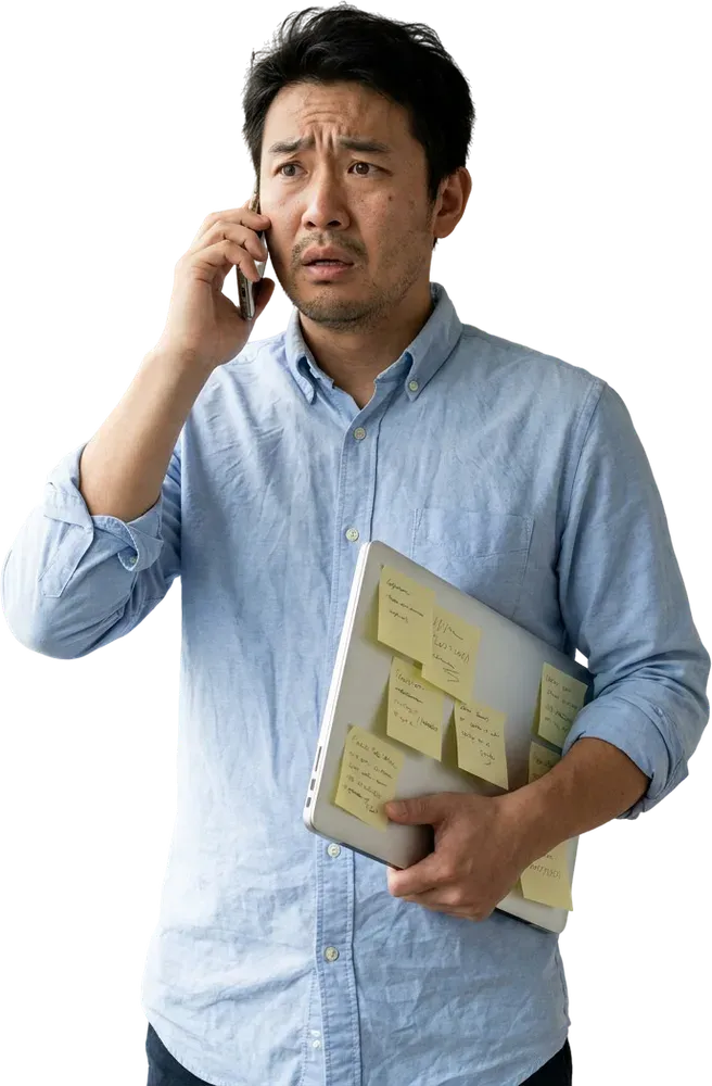Illustration: a busy business owner on the phone with a laptop, covered in sticky notes