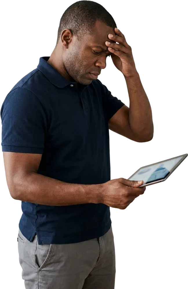 Illustration: a frustrated business owner staring at a tablet, hand on his head