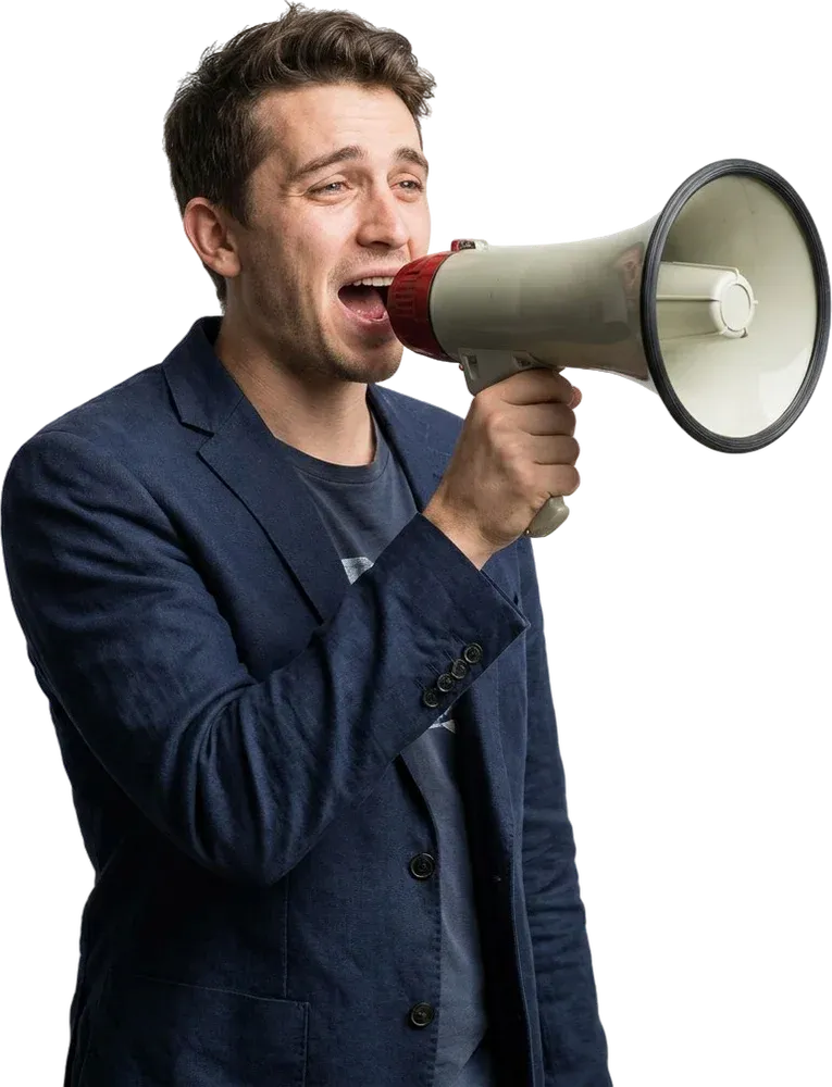 Illustration: a founder shouting into a megaphone, looking unheard
