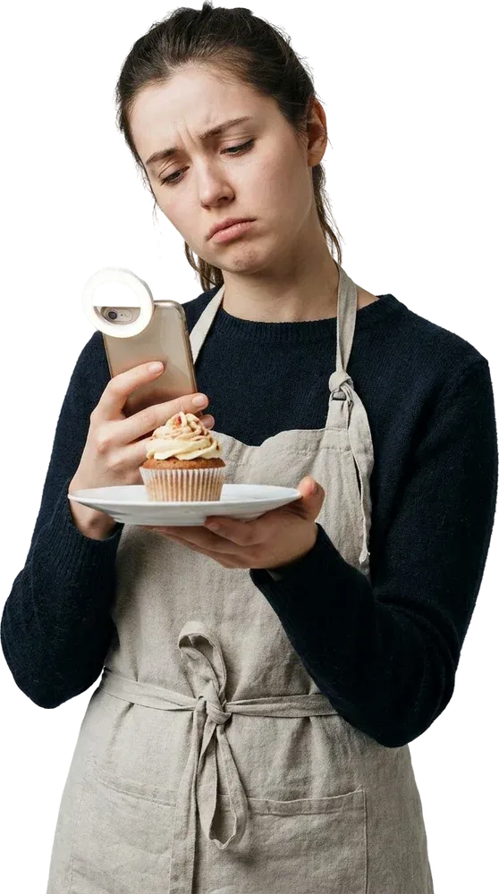 Illustration: a tired café owner filming a cupcake on her phone with a ring light