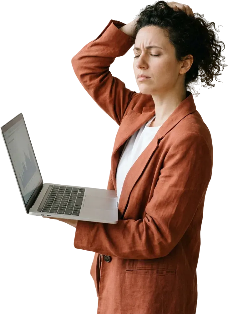 Illustration: an exasperated business owner holding up a laptop, hand to her head