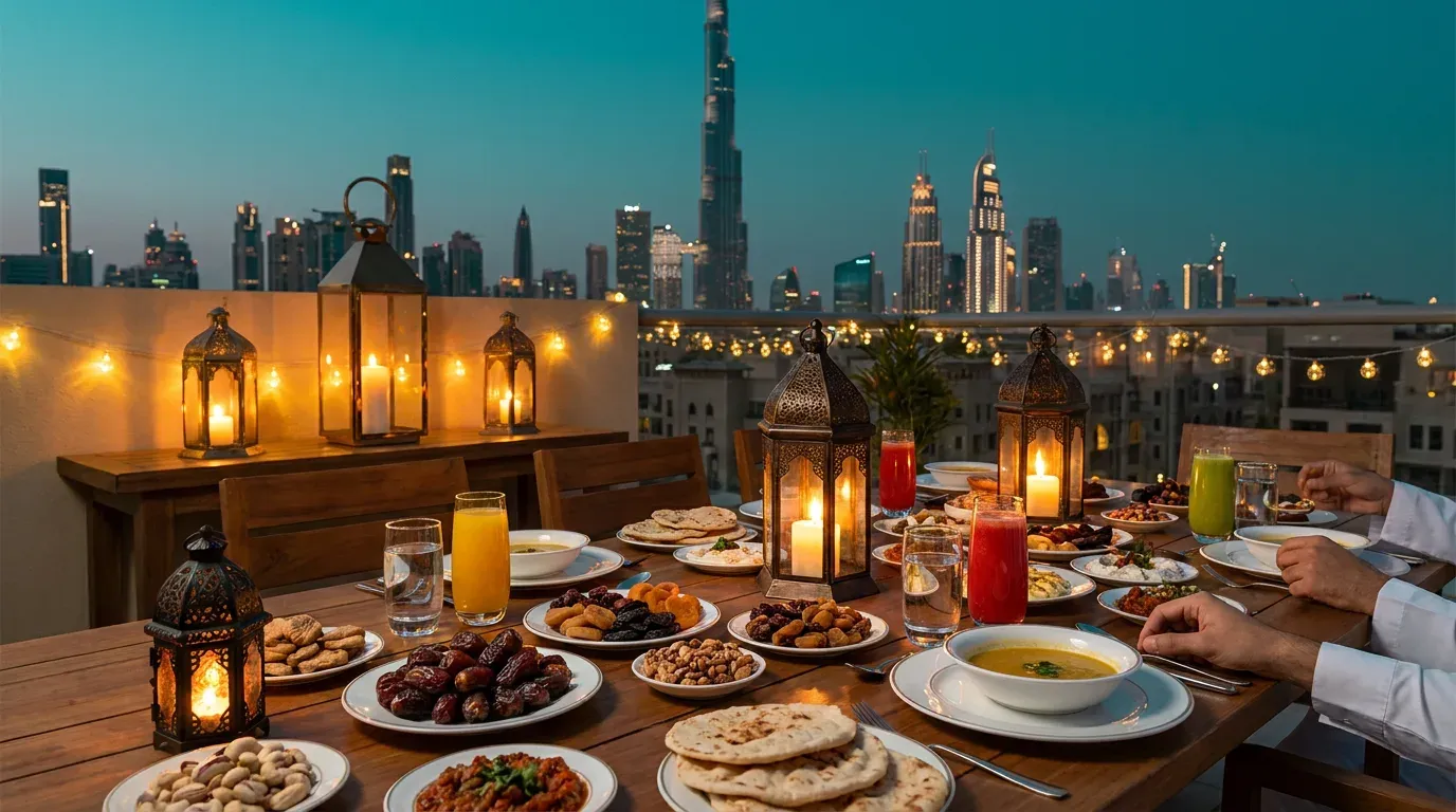 Illustrative image: an iftar table with dates, soup, bread and glowing lanterns on a rooftop terrace in Dubai at dusk, with the city skyline behind