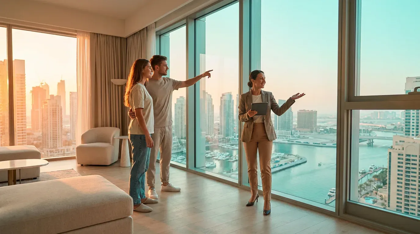 Illustrative image: an agent with a tablet shows a young couple a bright apartment overlooking the Dubai Marina skyline at golden hour