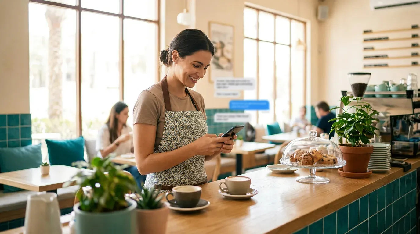 Illustrative image: a café owner in Dubai replies to a customer message on her phone behind a counter with coffee cups and pastries