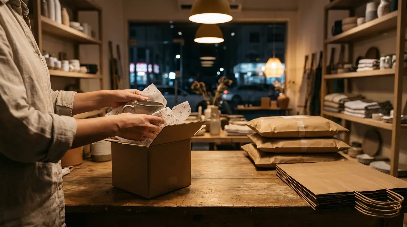 Illustrative image: a shop owner’s hands pack online orders into kraft boxes on a wooden counter in a small boutique in the evening, with a stack of parcels beside them